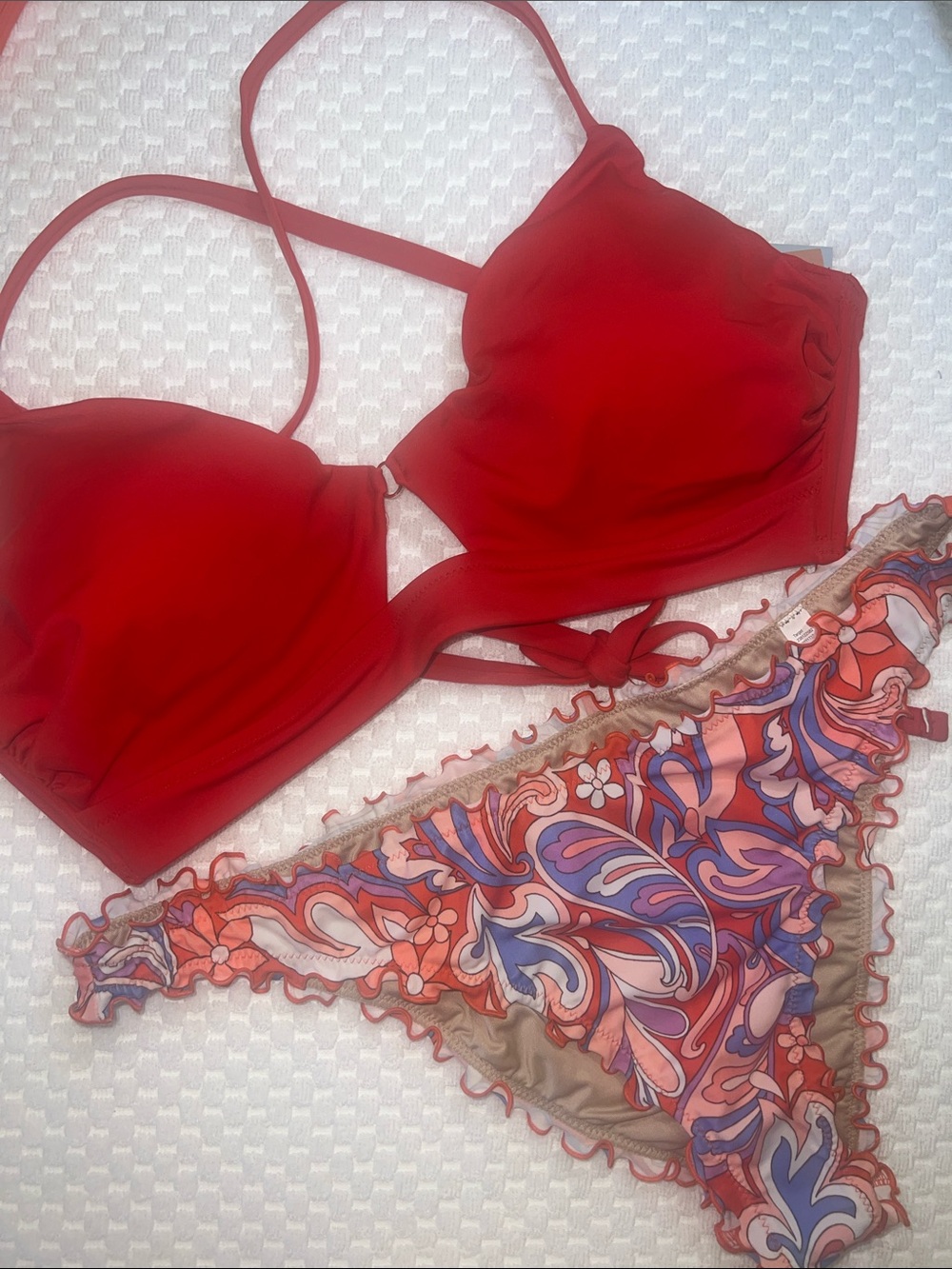 Shade & Shore Red Bikini Top with Multicolor Printed Bottom B37
